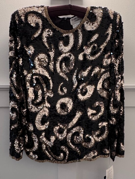 Joan Leslie Tops - Joan Leslie Sequin Top Black Gold Beaded Evening Blouse VTG Glam NWT